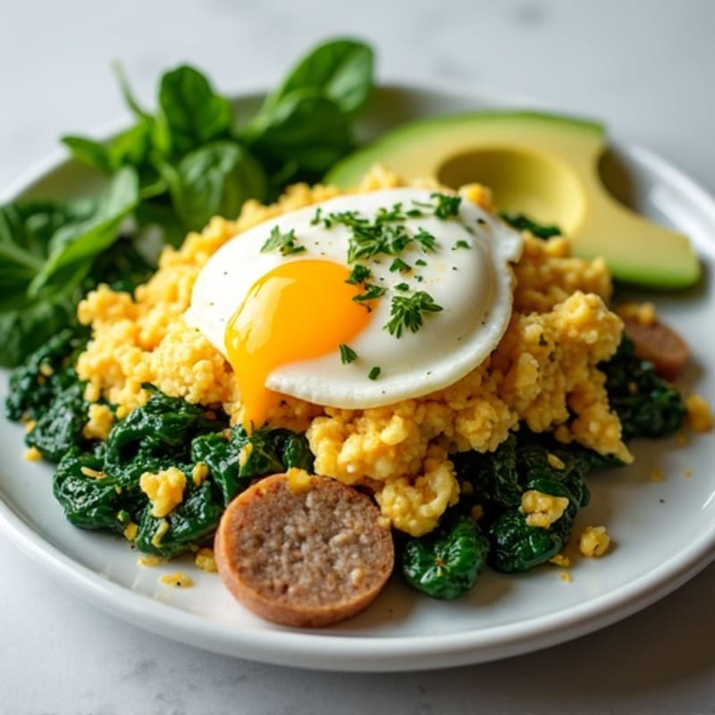 Egg White and Turkey Sausage Scramble with Sautéed Spinach
