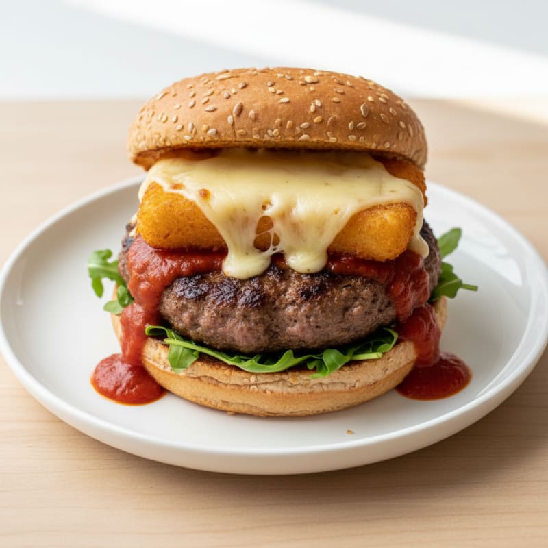 Mozzarella Stick Beef Burger with Marinara