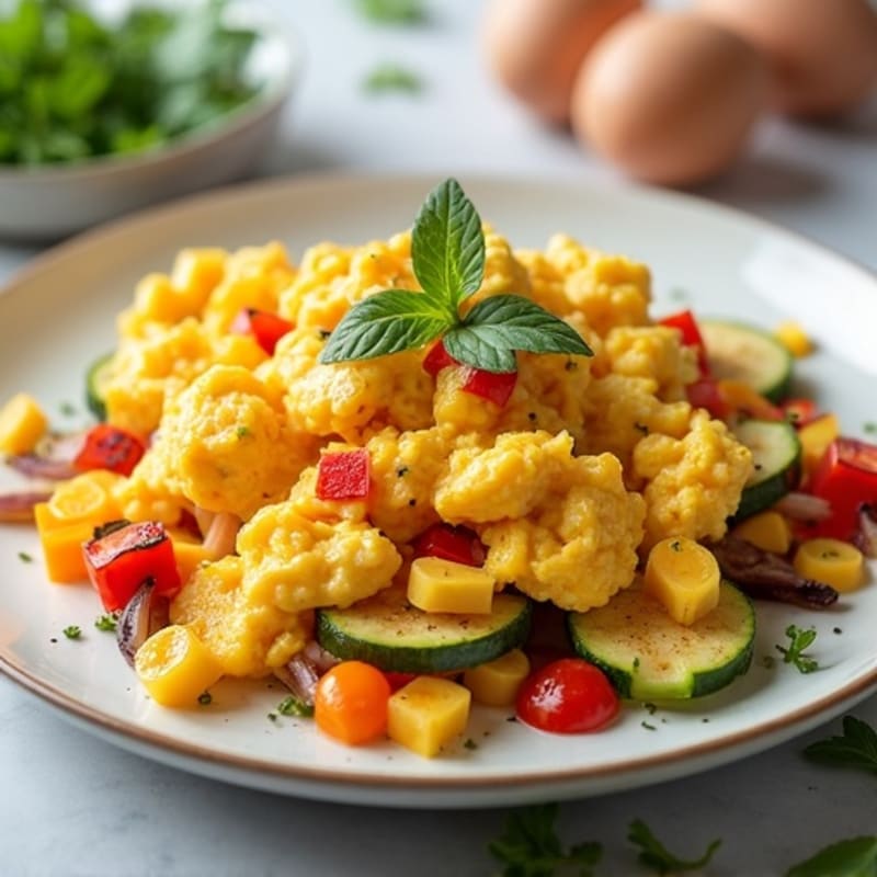 Fluffy Scrambled Eggs with Crispy Roasted Vegetables