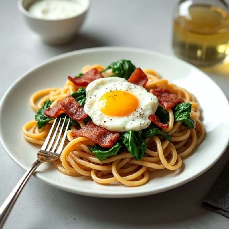 Crispy Turkey Bacon and Spinach Pasta with Creamy Egg Sauce