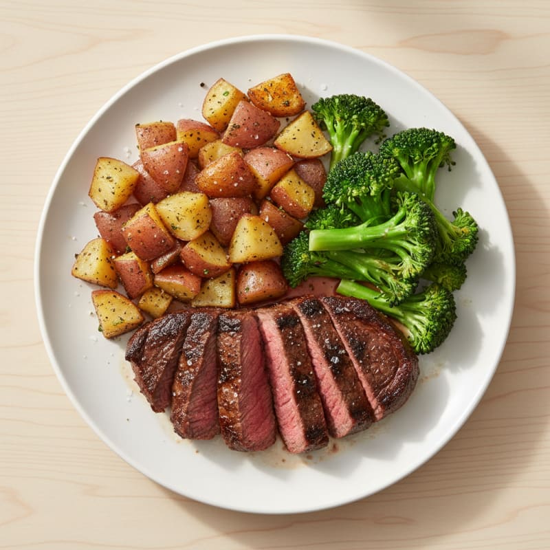 Seared Sirloin Steak with Steamed Broccoli and Herb-Roasted Potatoes