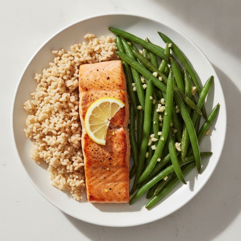 Seared Salmon with Garlic Green Beans and Brown Rice
