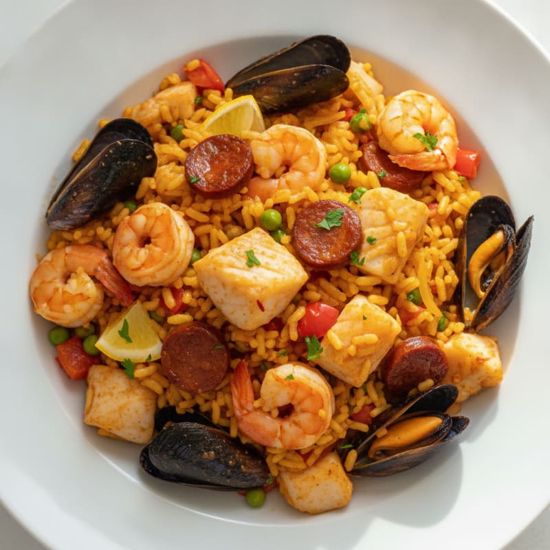 Saffron Seafood Paella with Chorizo