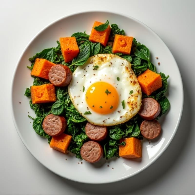 Egg White and Turkey Sausage Scramble with Spinach and Roasted Sweet Potato