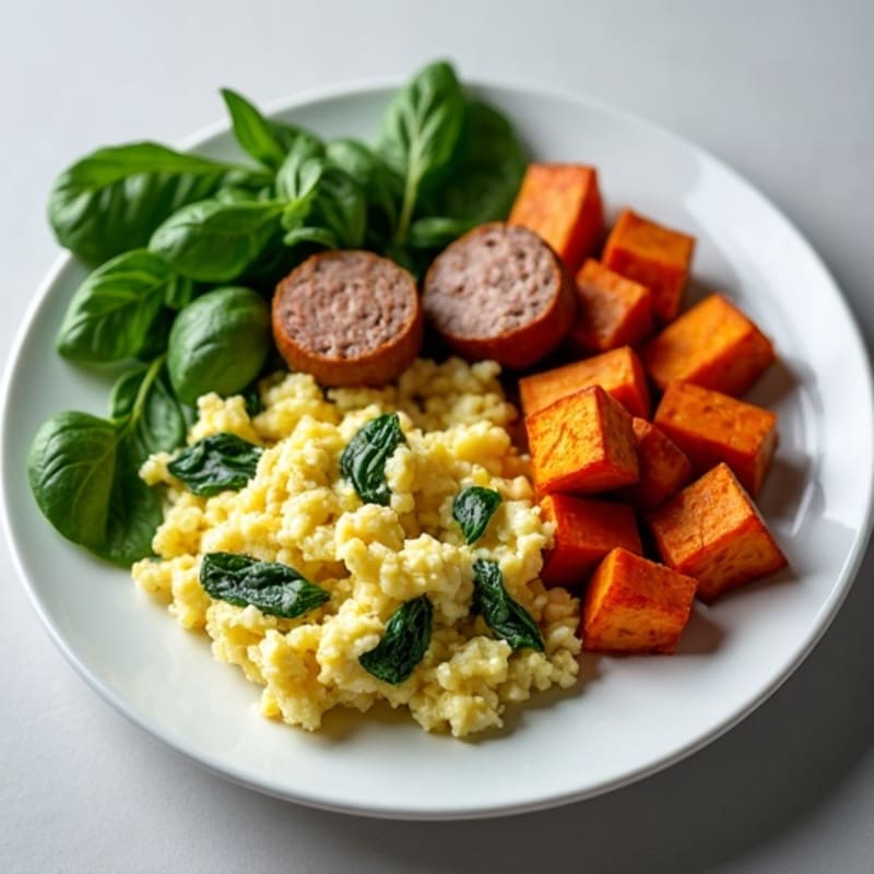 Egg White Spinach Scramble with Turkey Sausage and Roasted Sweet Potato