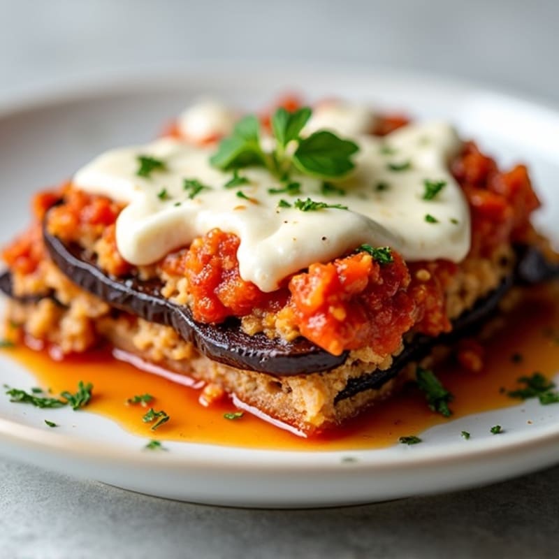 Roasted Eggplant and Lean Ground Turkey Layered Bake with Creamy Feta Topping