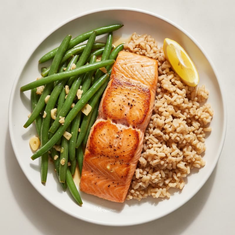 Seared Salmon Fillet with Garlic Green Beans and Brown Rice