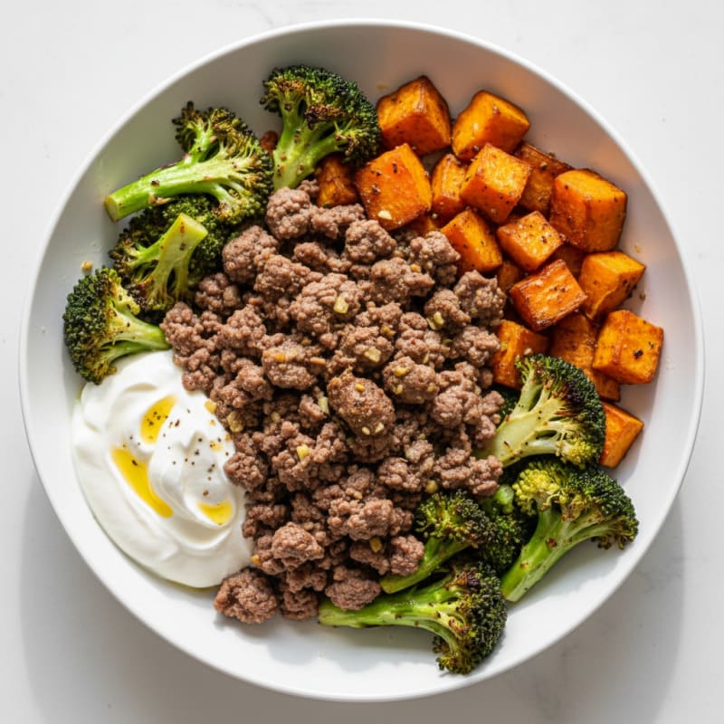Lean Ground Beef and Roasted Sweet Potato Bowl with Broccoli