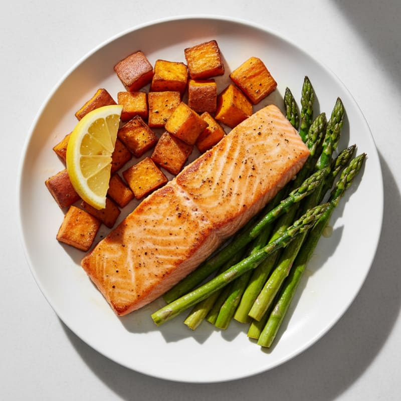 Seared Salmon Fillet with Roasted Sweet Potato and Asparagus
