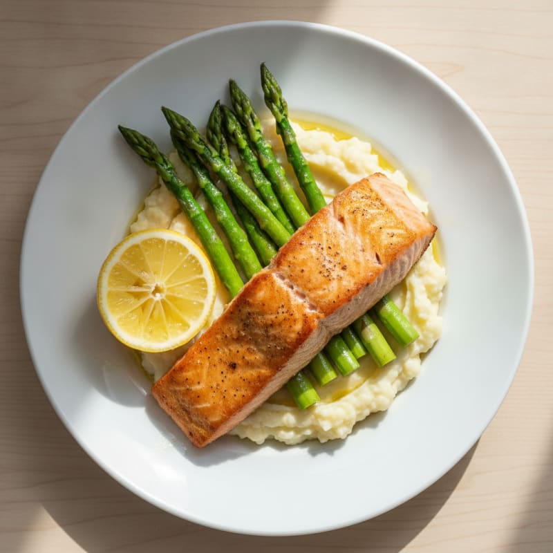 Seared Salmon with Steamed Asparagus and Garlic Mashed Cauliflower