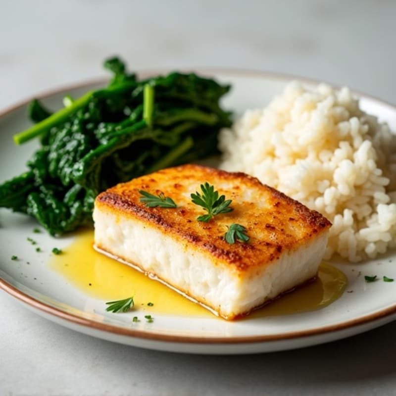 Flaky Pan-Seared Cod with Garlicky Spinach and Fluffy White Rice