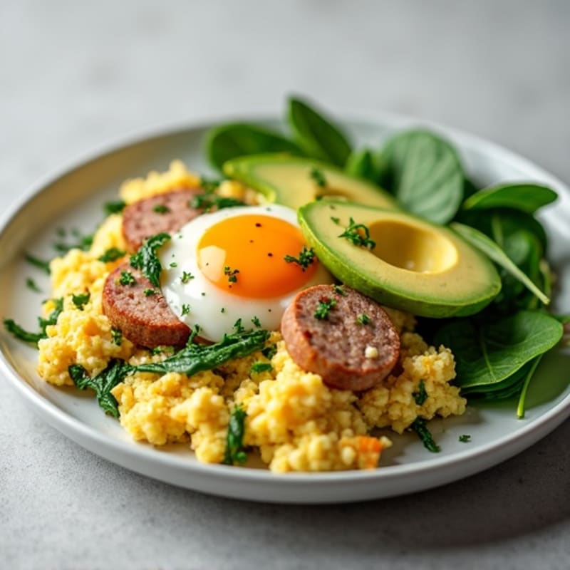 Cottage Cheese Egg Scramble with Spinach and Turkey Sausage
