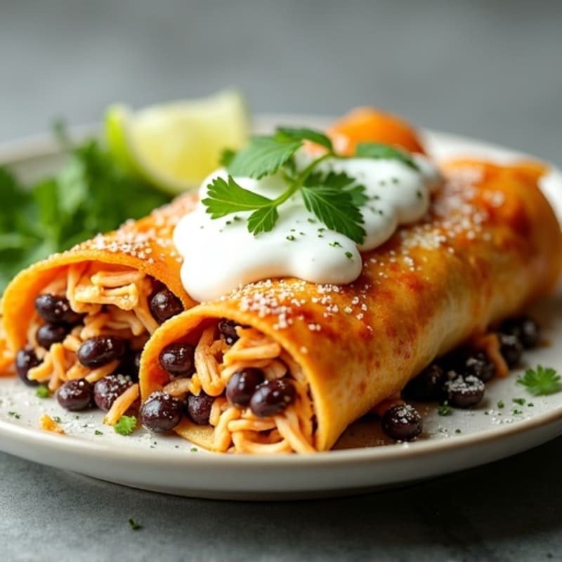 Shredded Chicken and Black Bean Enchiladas with Zesty Cilantro-Lime Sauce