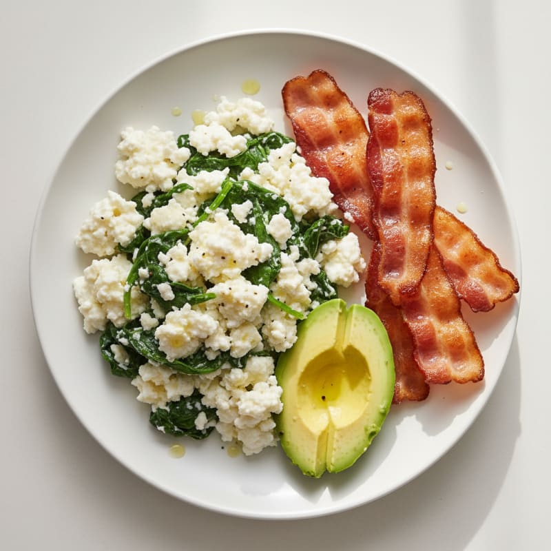 Egg White and Cottage Cheese Scramble with Spinach and Turkey Bacon