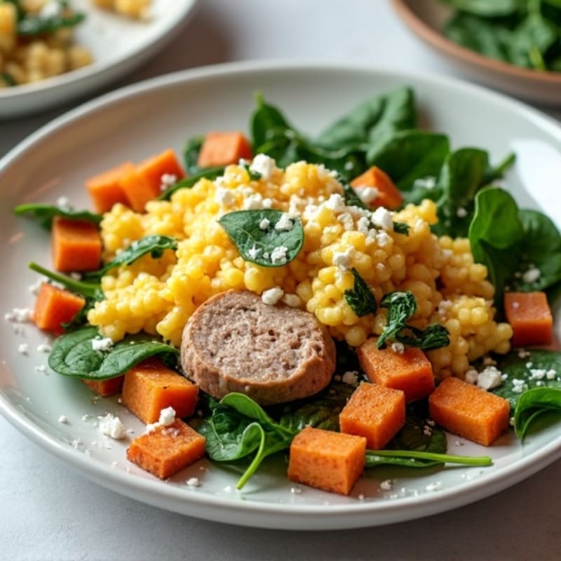 Egg White and Turkey Sausage Scramble with Spinach and Roasted Sweet Potato