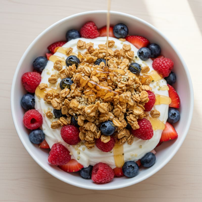 High-Protein Yogurt Parfait with Granola and Mixed Fruit