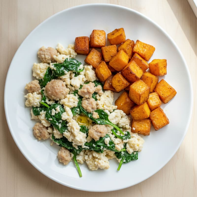 Egg White and Turkey Sausage Scramble with Spinach and Roasted Sweet Potato