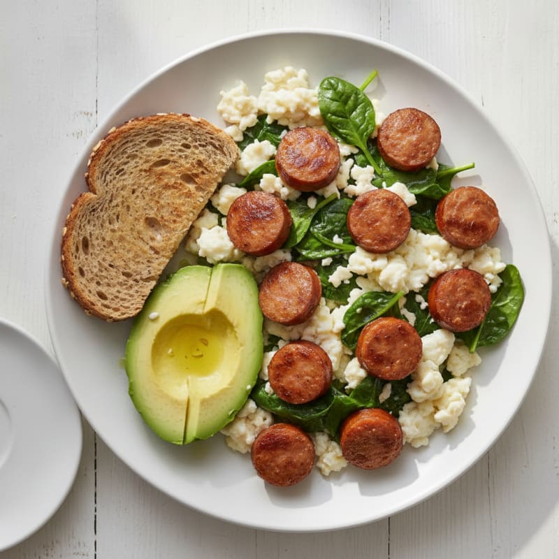 Egg White Spinach Scramble with Turkey Sausage