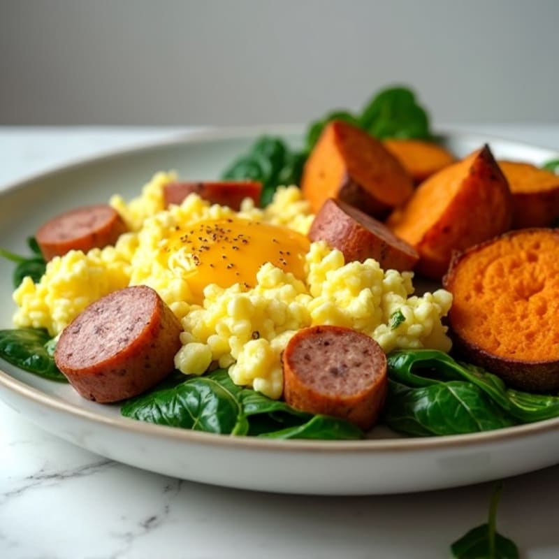 Egg White and Turkey Sausage Scramble with Spinach and Roasted Sweet Potato