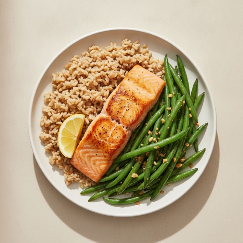 Seared Salmon with Garlic Green Beans and Brown Rice