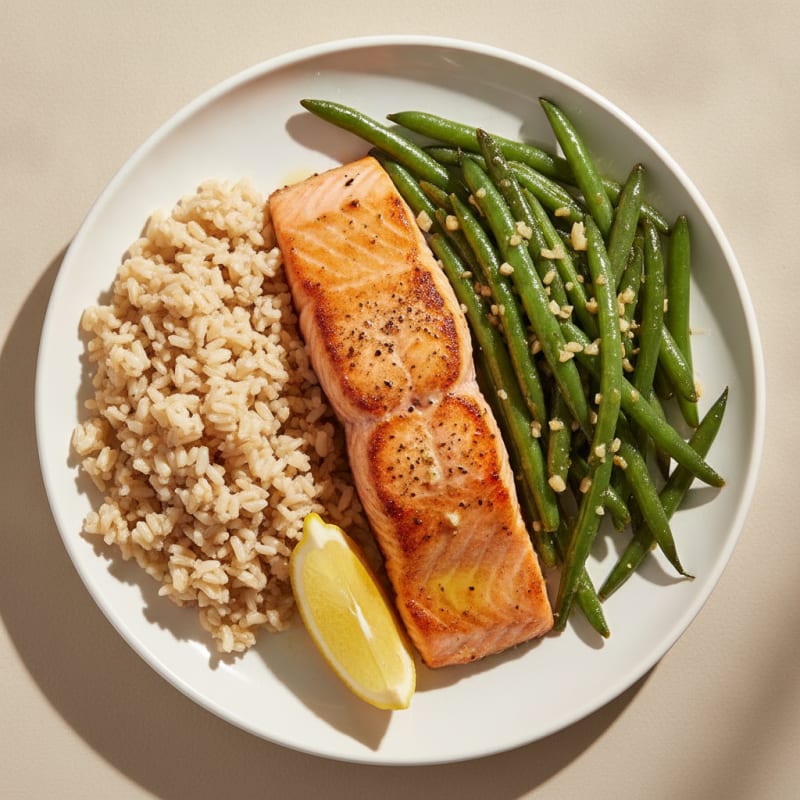 Seared Salmon Fillet with Garlic Green Beans and Brown Rice