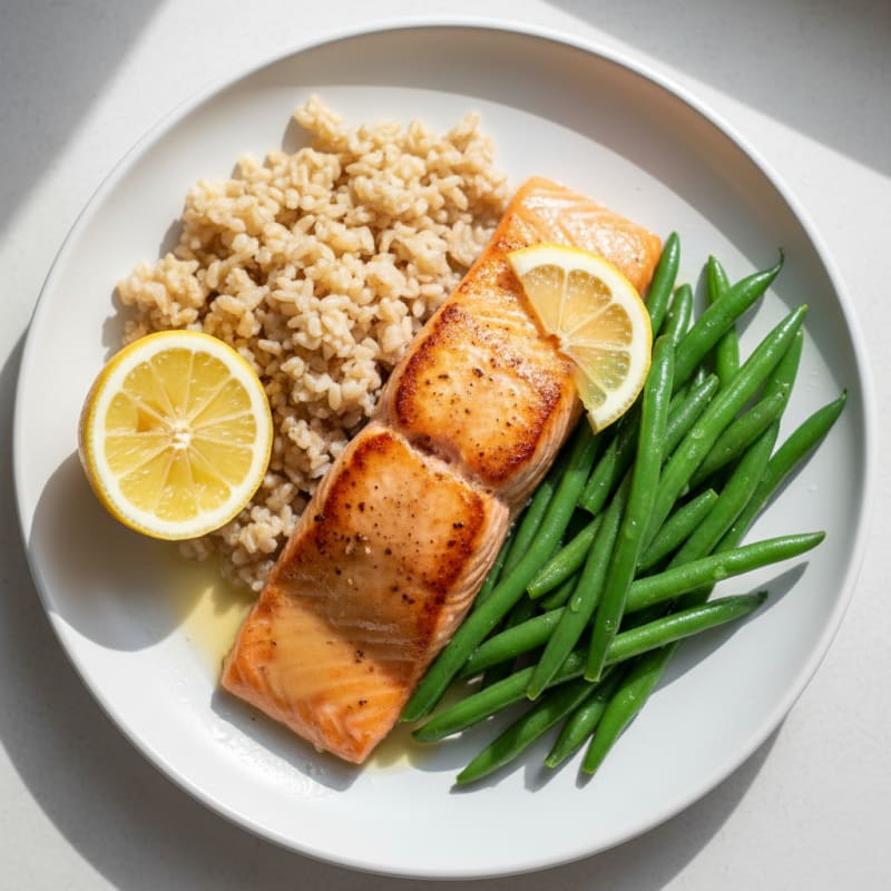 Seared Salmon with Steamed Green Beans and Brown Rice