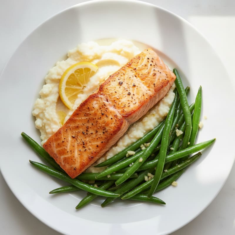 Seared Salmon Fillet with Garlic Green Beans and Cauliflower Mash