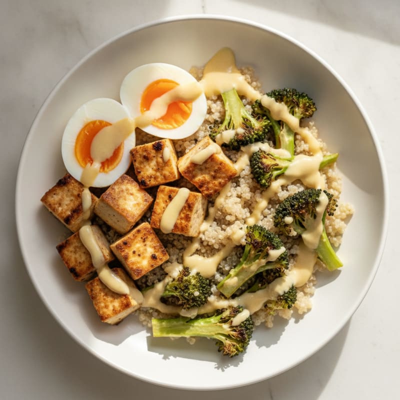 Grilled Tofu and Quinoa Bowl with Roasted Broccoli and Lemon Tahini Drizzle