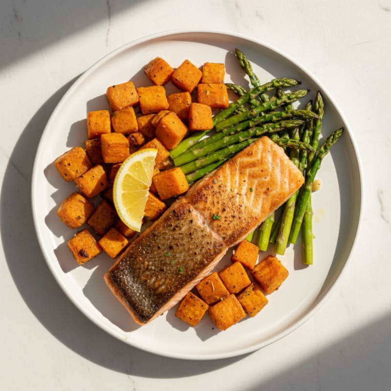 Seared Salmon with Roasted Sweet Potatoes and Asparagus
