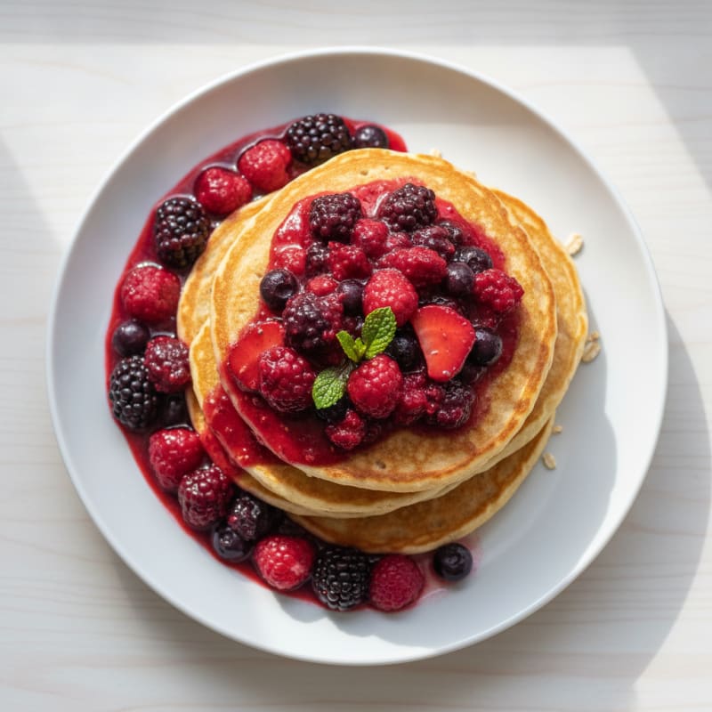 Fluffy Buttermilk-Style Protein Pancakes with Berry Compote