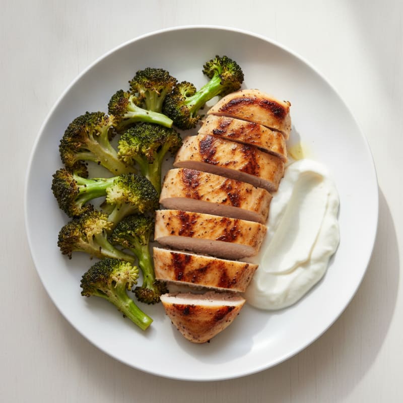 Grilled Chicken Breast with Roasted Broccoli and Yogurt Sauce