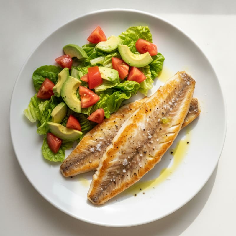 Pan-Seared Merluza with Tomato Avocado Salad