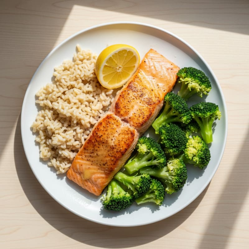 Seared Salmon with Steamed Broccoli and Brown Rice