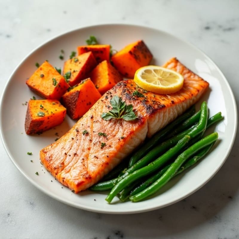 Seared Salmon with Roasted Sweet Potatoes and Green Beans