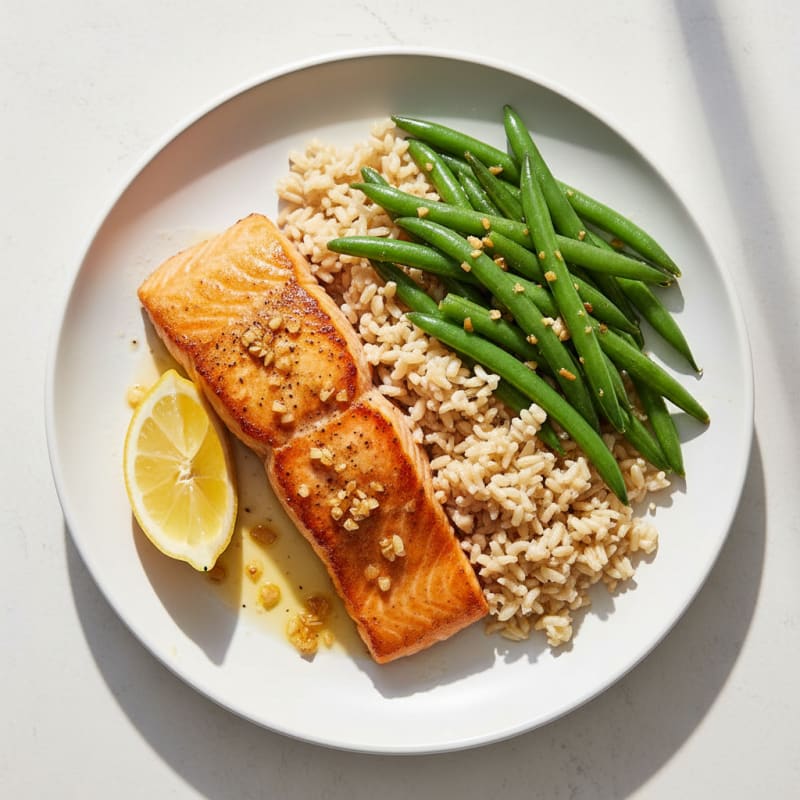 Seared Salmon with Garlic Green Beans and Brown Rice
