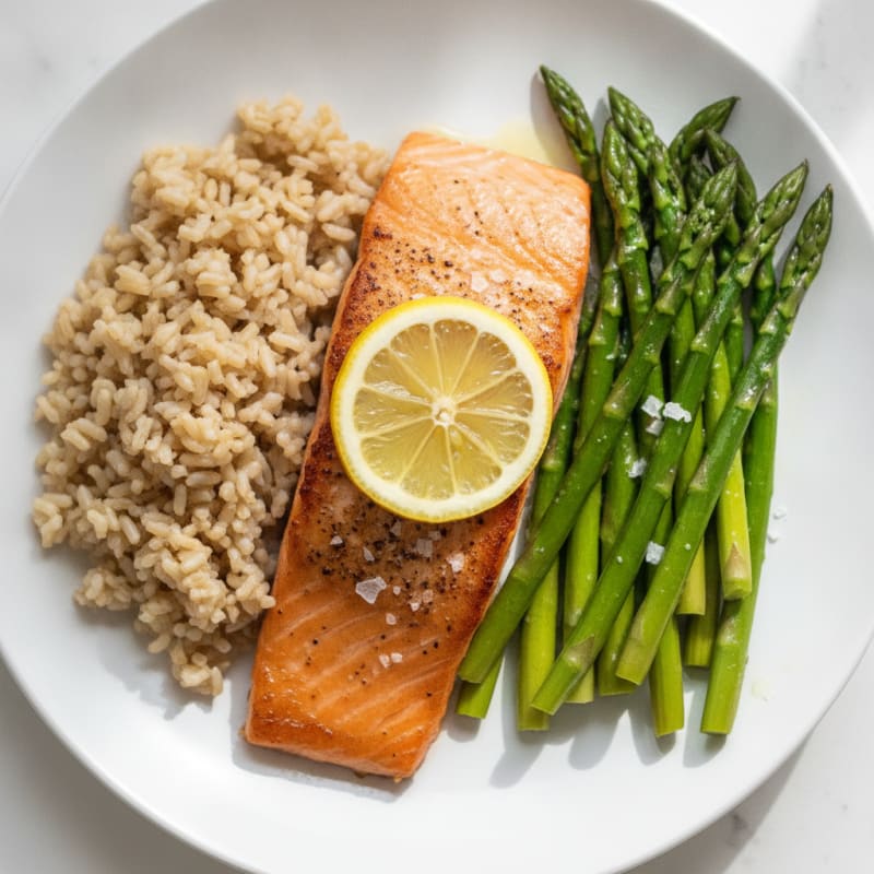 Seared Salmon with Steamed Asparagus and Brown Rice