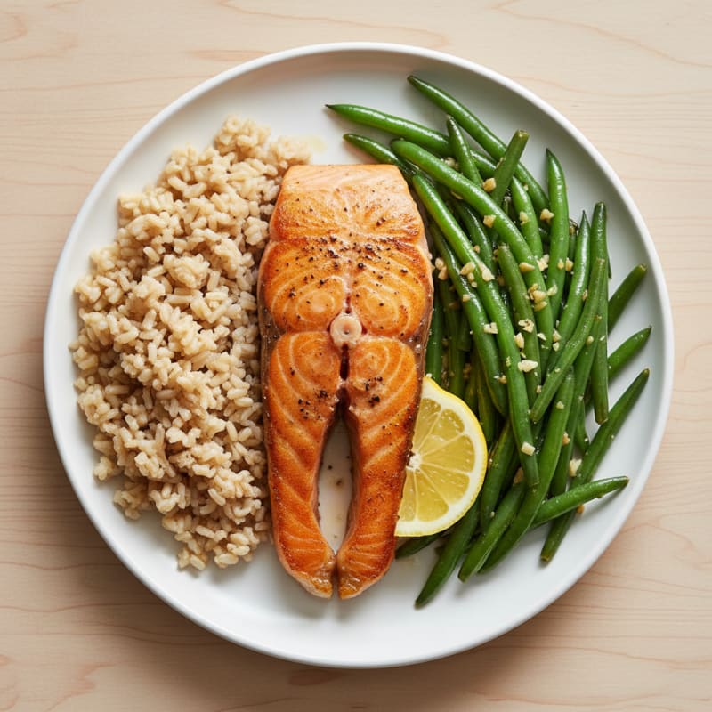 Seared Salmon Fillet with Garlic Green Beans and Brown Rice