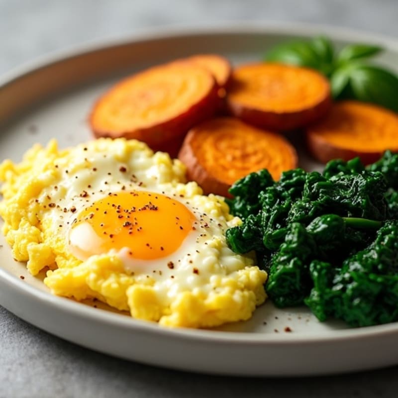 Fluffy Scrambled Eggs with Sautéed Spinach and Roasted Sweet Potato