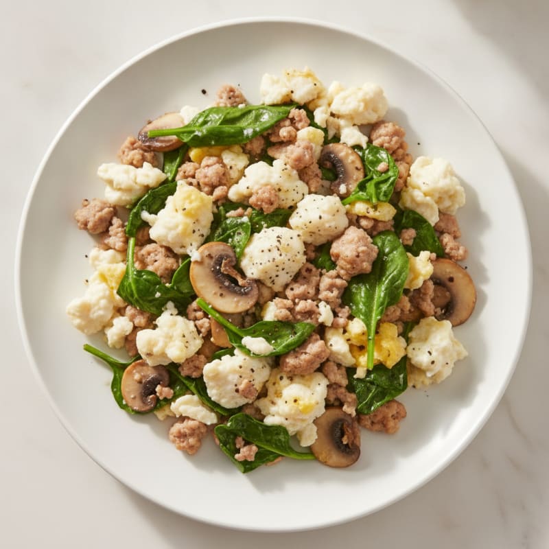 Egg White and Turkey Spinach Scramble with Sautéed Mushrooms