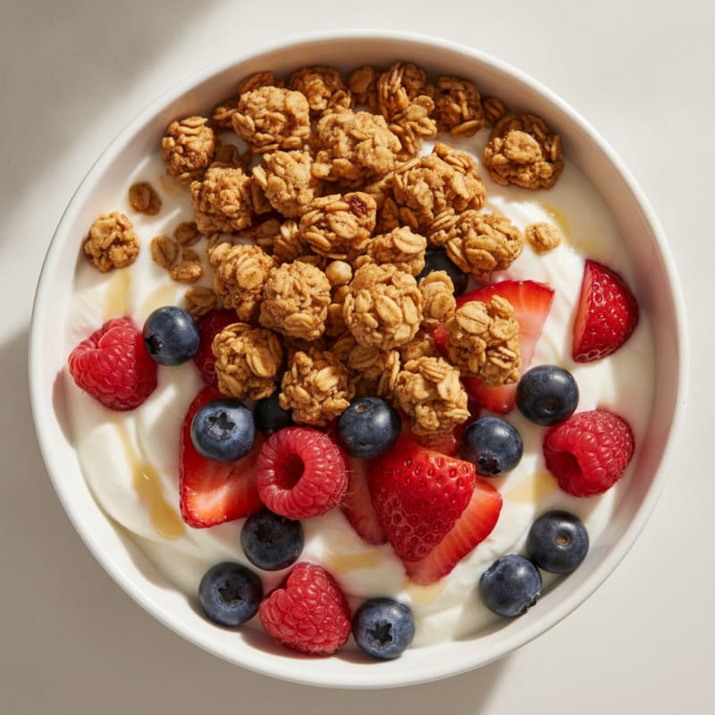 Silky Greek Yogurt Parfait with Protein Granola and Mixed Berries