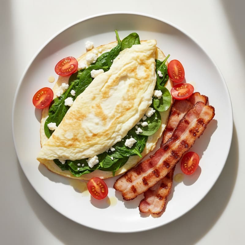 Egg White Spinach Omelette with Grilled Turkey Bacon