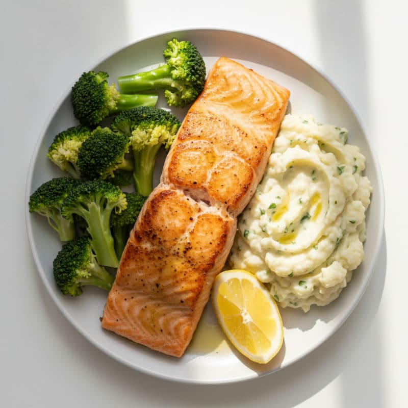 Seared Salmon with Steamed Broccoli and Garlic Mashed Cauliflower