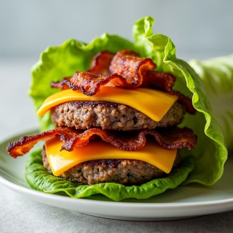 Stacked Lean Beef Patties with Crispy Bacon, Melted Cheddar, and Fresh Lettuce Wraps