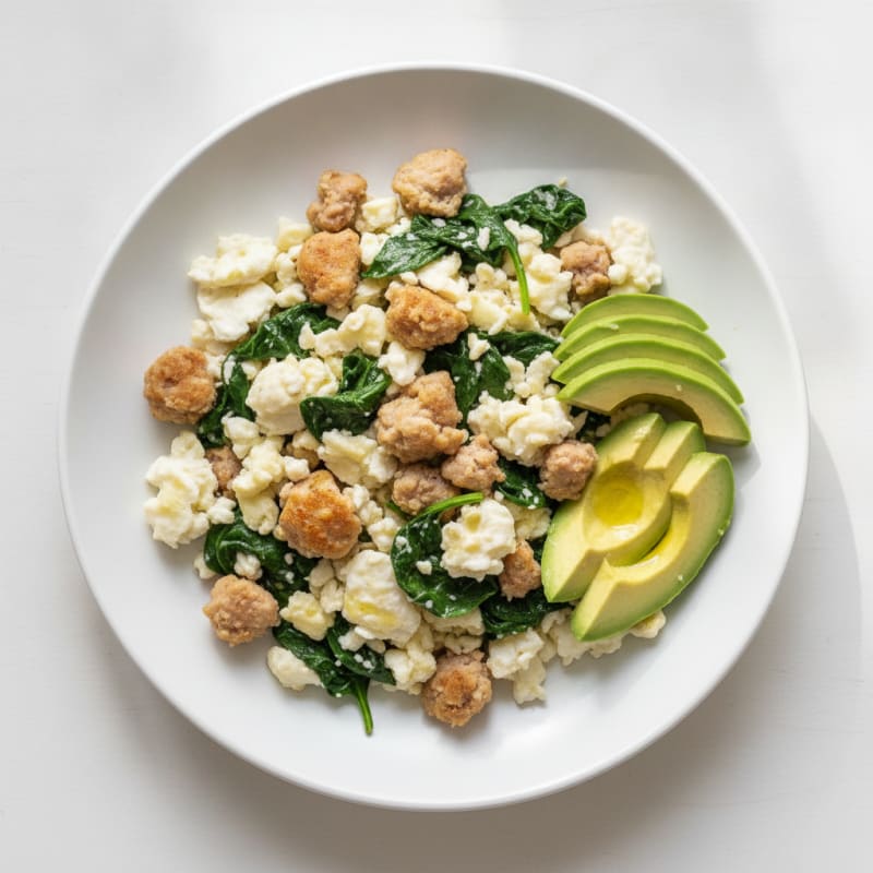 Egg White Scramble with Turkey Sausage and Sautéed Spinach