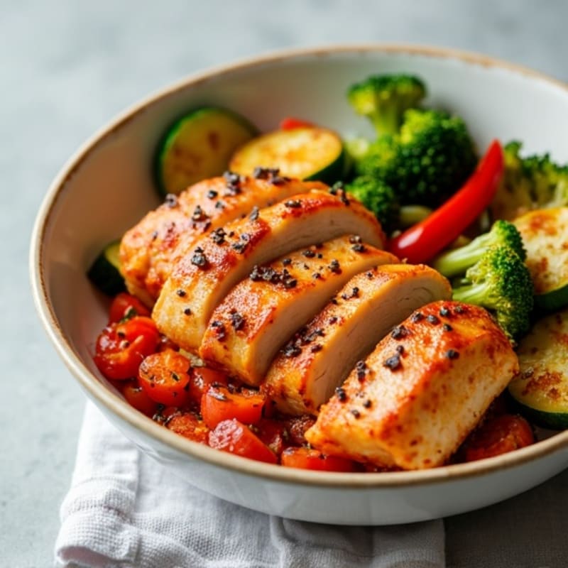 Spicy Chicken Kimchi Bowl with Roasted Vegetables