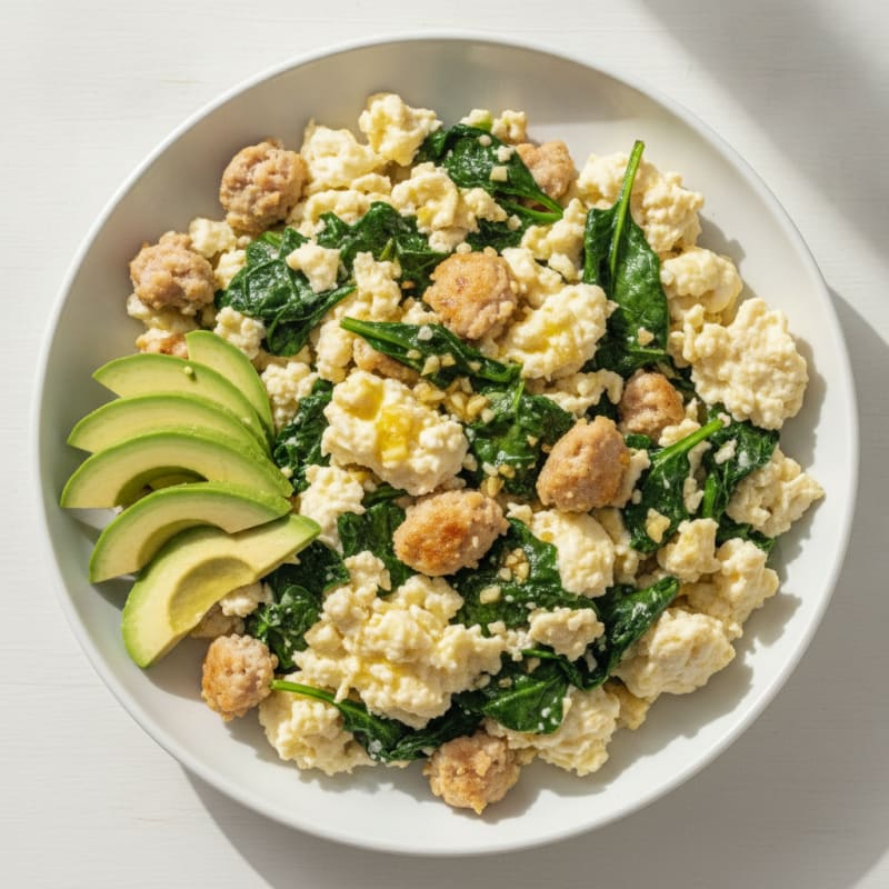 Egg White Scramble with Turkey Sausage and Sautéed Spinach