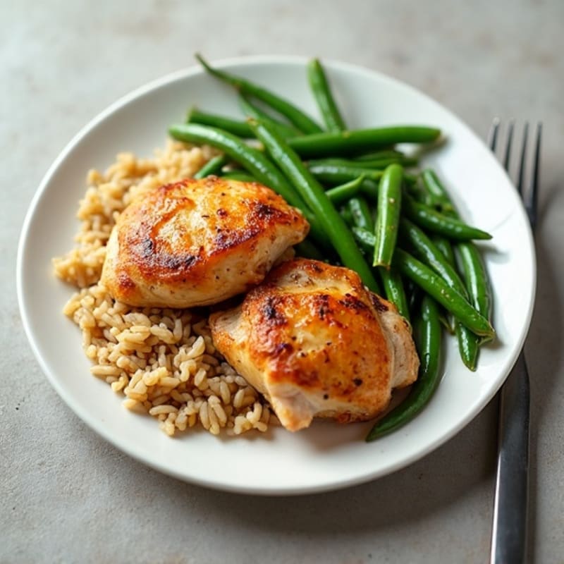 Oven-Baked Chicken Thighs with Garlic Green Beans and Brown Rice