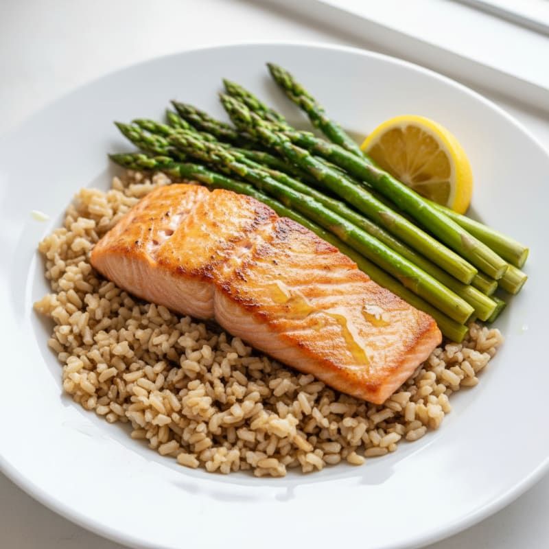 Seared Salmon Fillet with Steamed Asparagus and Brown Rice