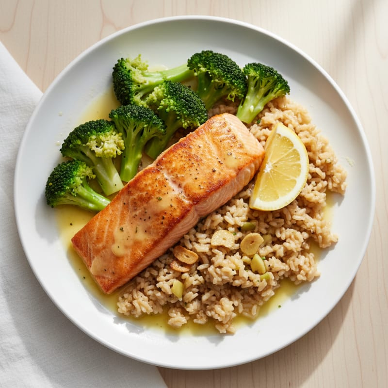 Seared Salmon with Steamed Broccoli and Garlic Brown Rice
