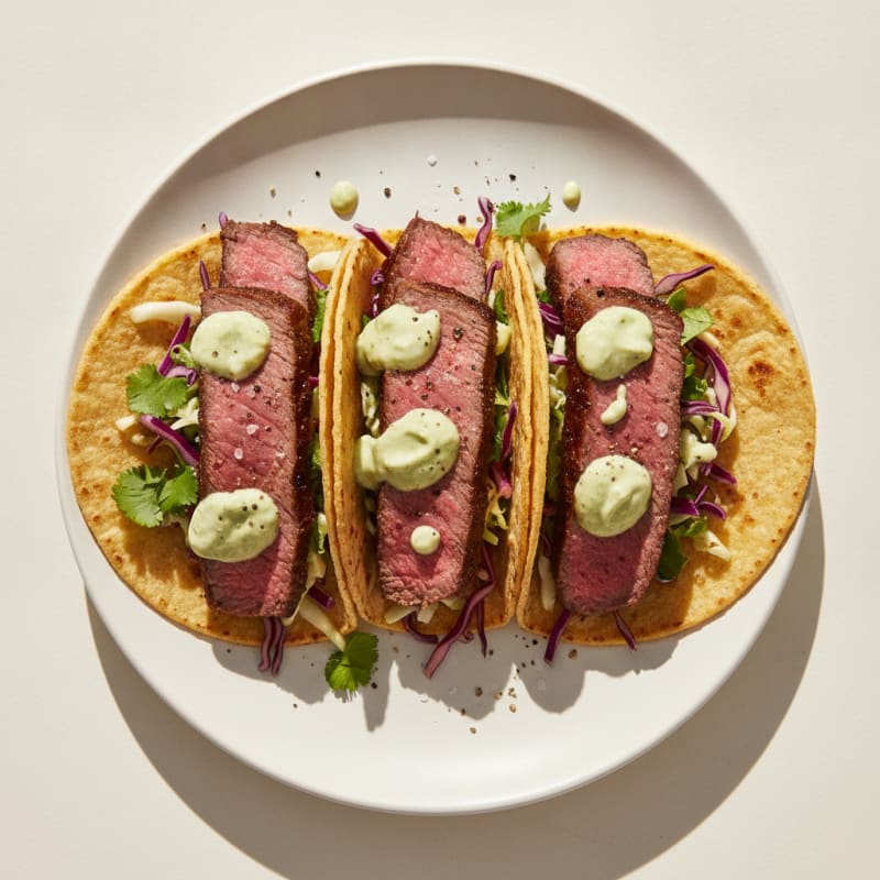 Pan-Seared Steak Tacos with Avocado Crema